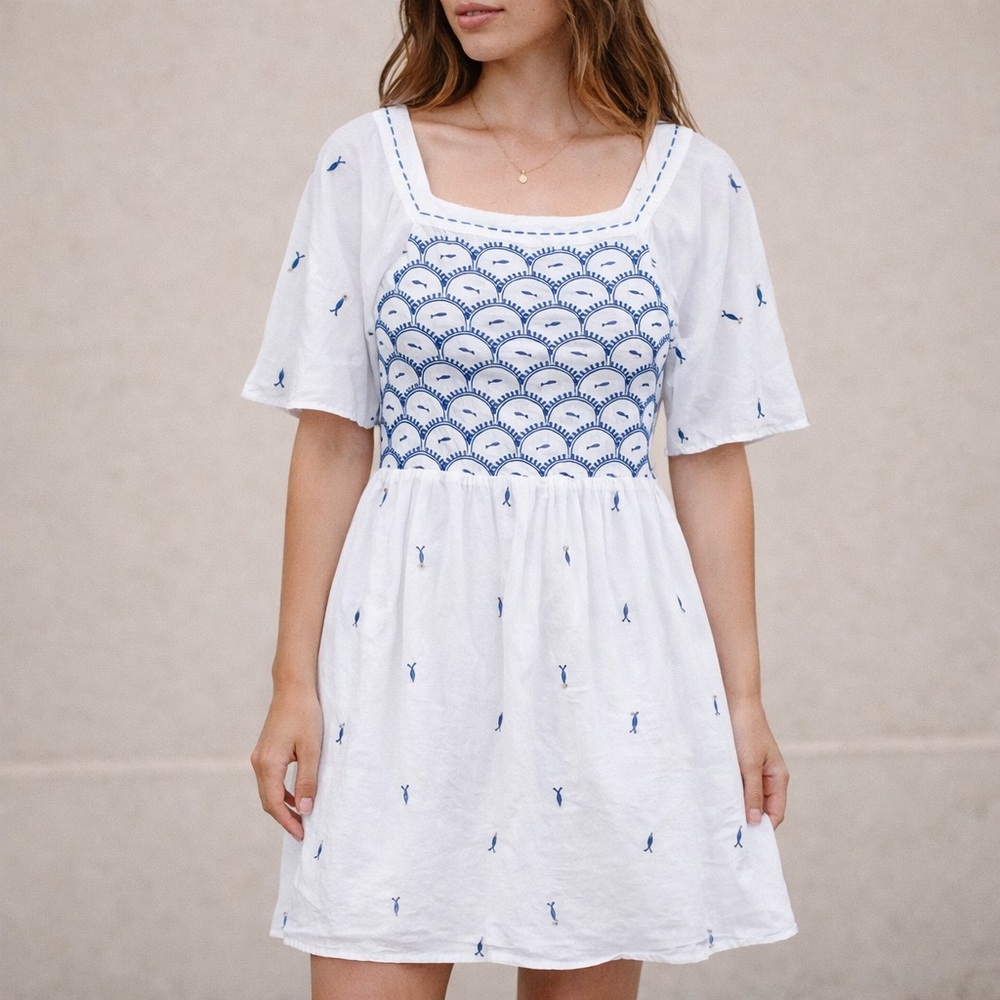 Nimo With Love White & Blue Embroidered Midi Dress | Boho Cottagecore